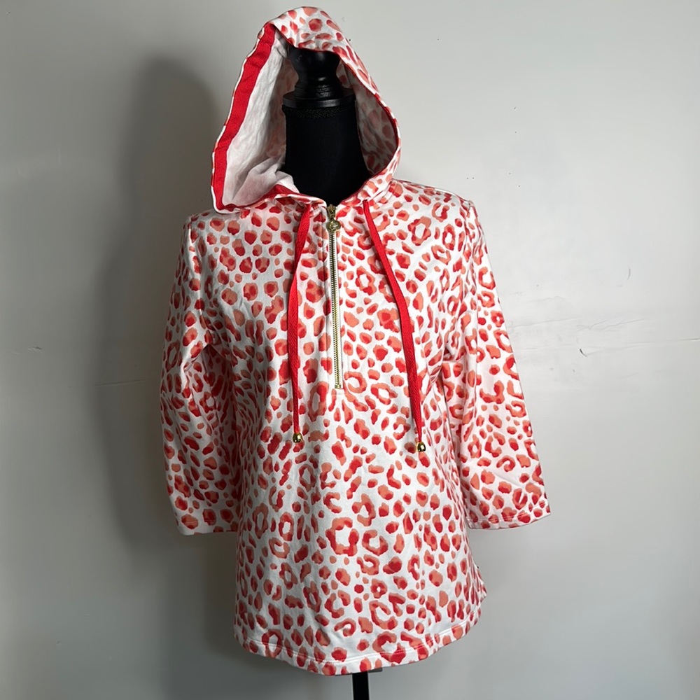 Susan Graver Weekend Orange White Leopard Animal
Print 3/4 Sleeve Hoodie Sz S